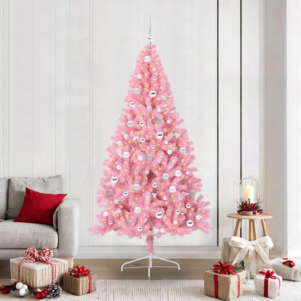 Artificial Pre-lit Christmas Tree with 300 LEDs Pink 210 cm PVC