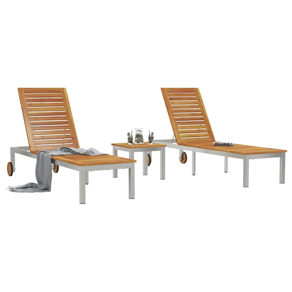SunLoungers2pcswithTable 2-person 3 pcs Brown SolidAcaciawood
