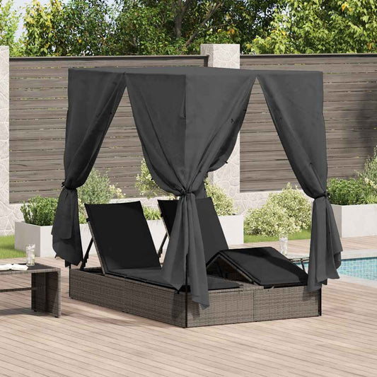 Double Sun Lounger With Roof Grey 205 X 129 X 200 Cm Pe Rattan