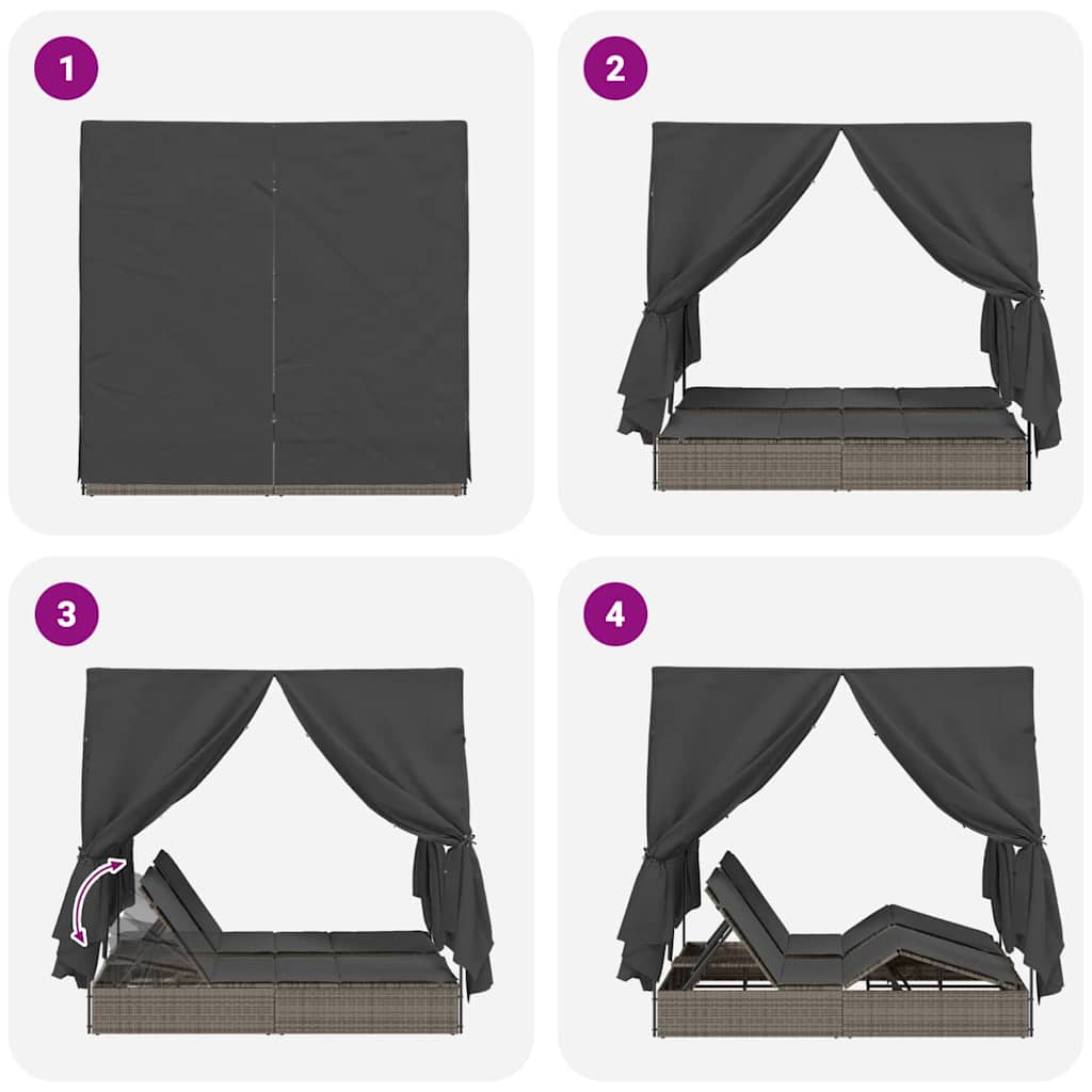 Double Sun Lounger With Roof Grey 205 X 129 X 200 Cm Pe Rattan