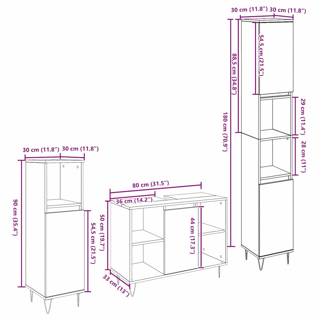 Bathroom Furniture Set 3 pcs Old Wood 30 x 30 x 180 cm