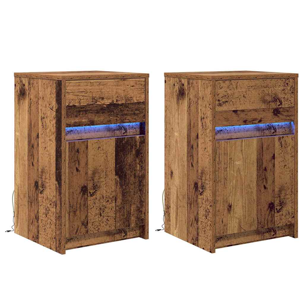 LED Bedside Cabinet with Drawer 2 pcs Old wood 38 x 34 x 61 cm