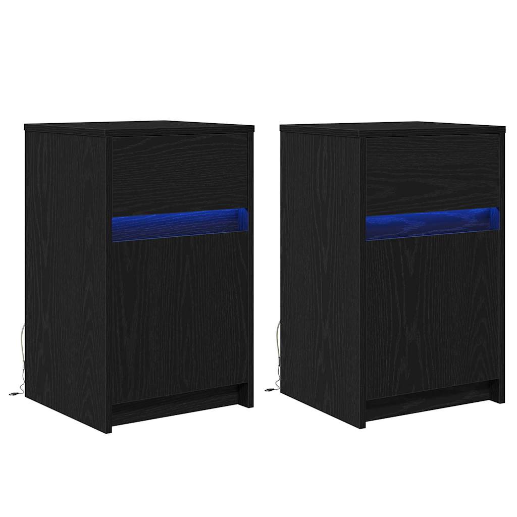 LED Bedside Cabinet with Drawer 2 pcs Black oak 38 x 34 x 61 cm
