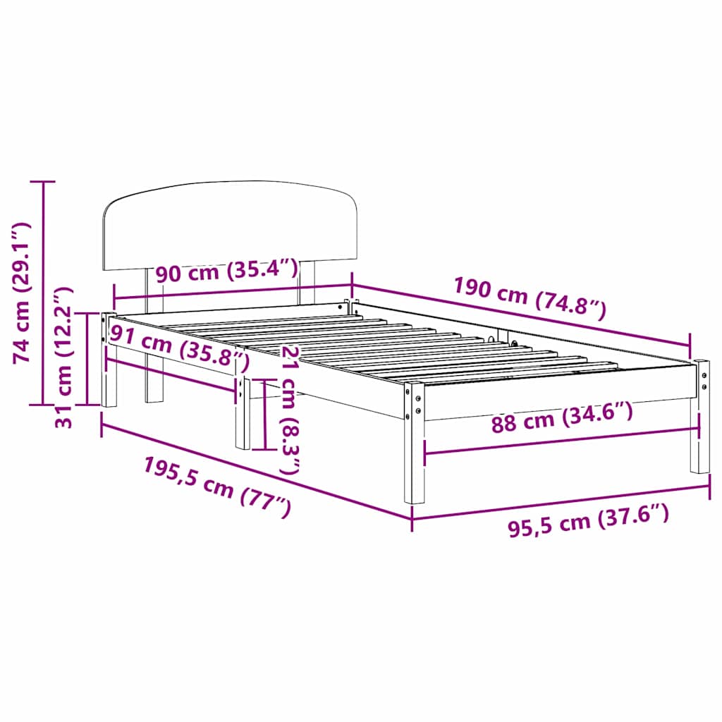 Bed Frame with Headboard Brown 90 x 190 cm Solid Pine wood