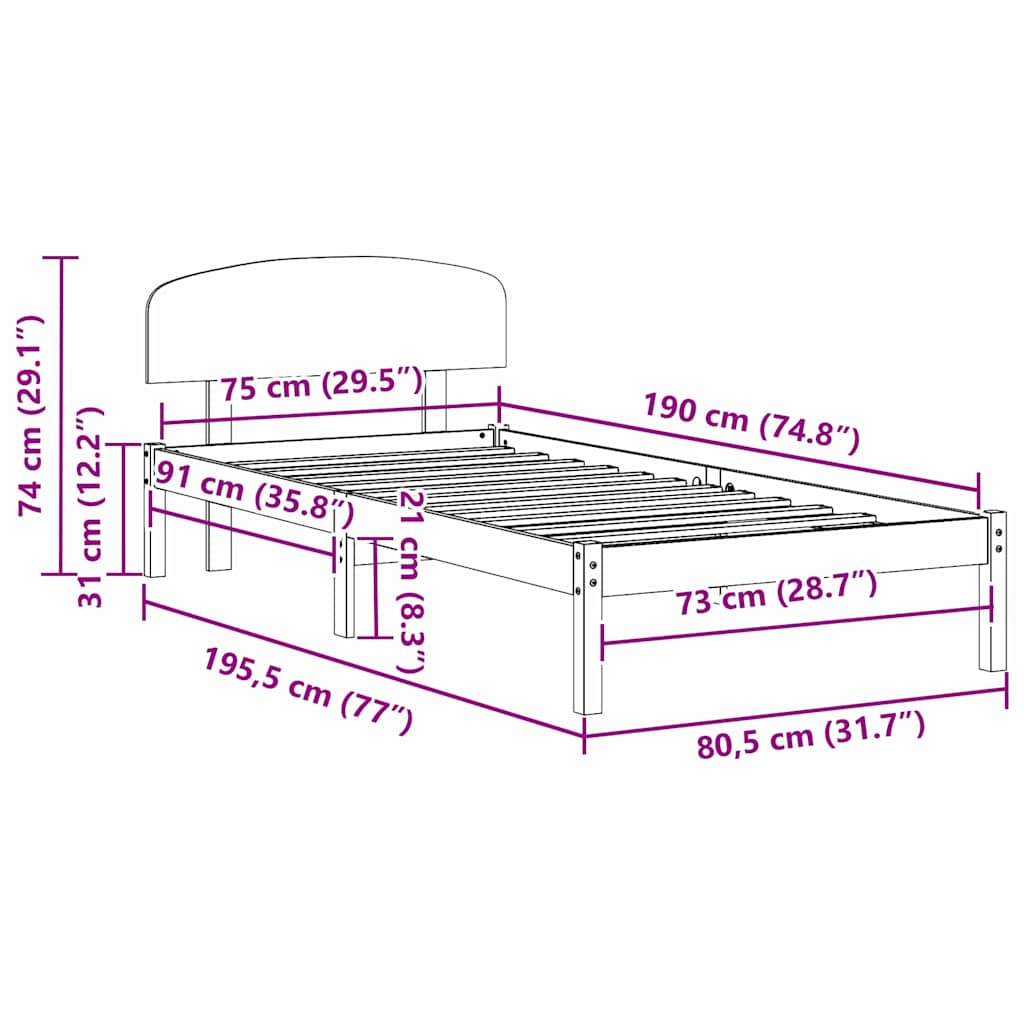 Bed Frame with Headboard White 75 x 190 cm Solid Pine wood