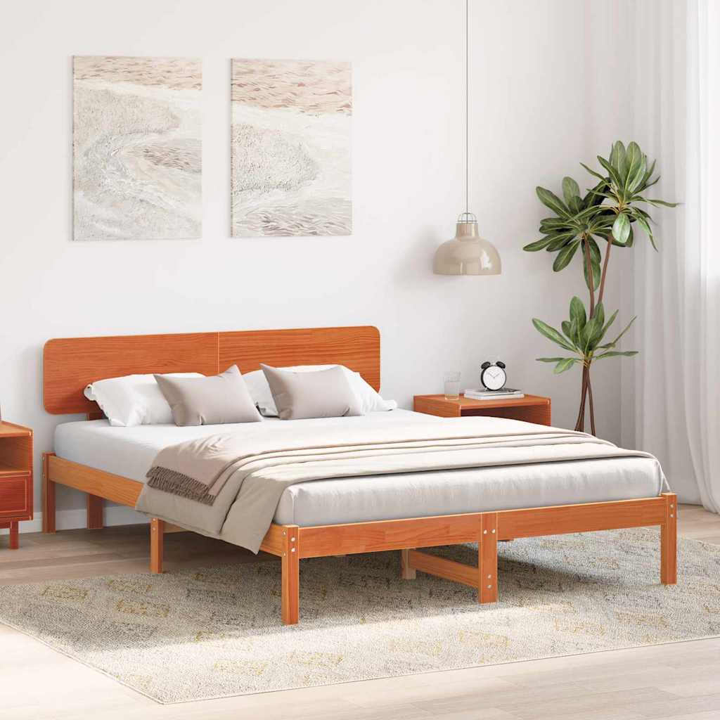 Bed Frame with Headboard Wax Brown 200 x 200 cm Solid Pine Wood