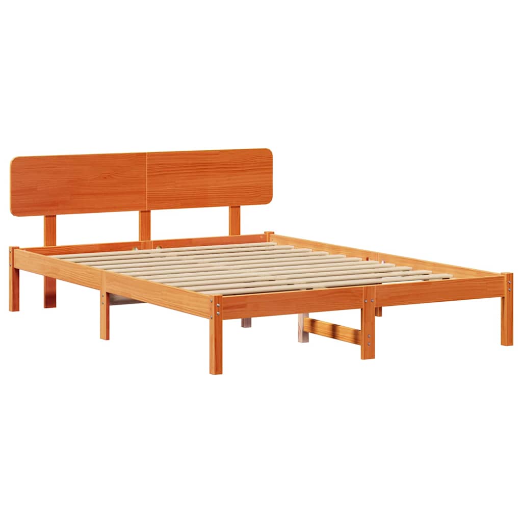 Bed Frame with Headboard Wax Brown 200 x 200 cm Solid Pine Wood