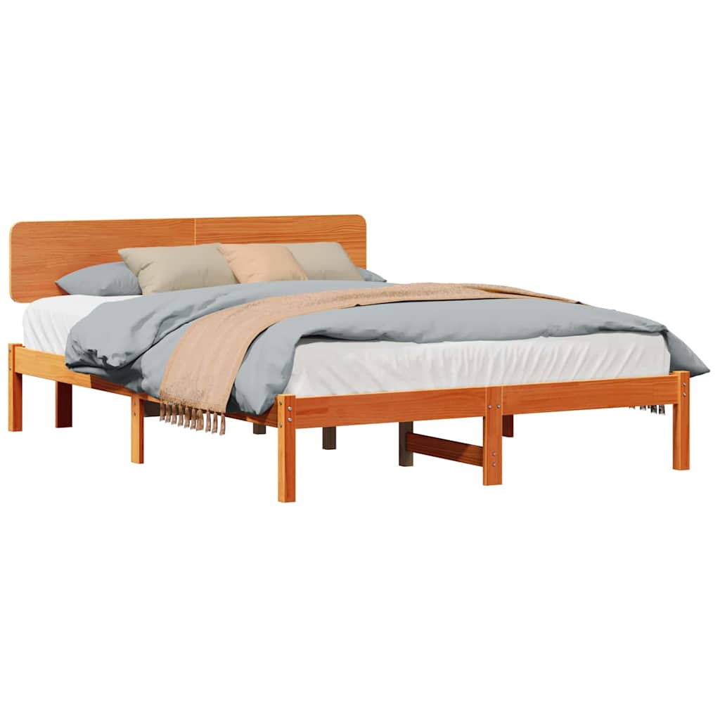 Bed Frame with Headboard Wax Brown 200 x 200 cm Solid Pine Wood