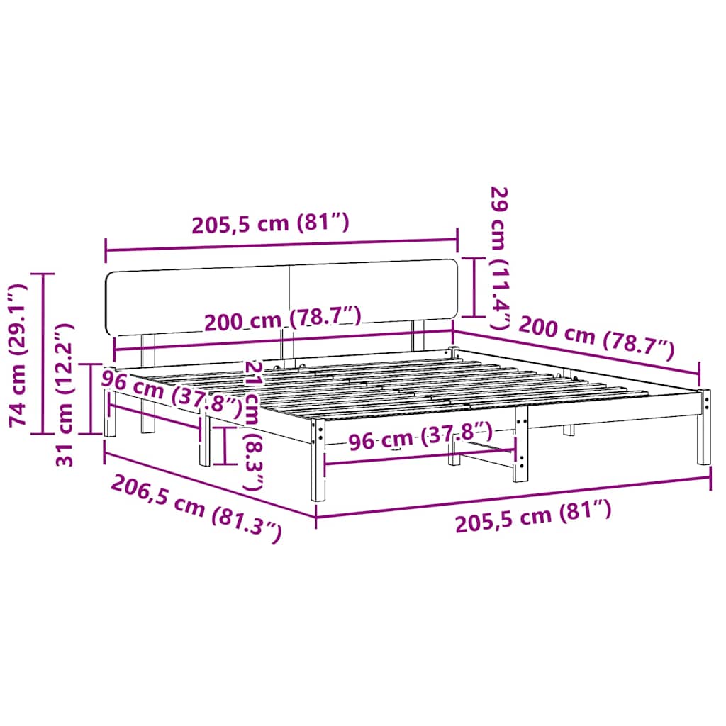 Bed Frame with Headboard Wax Brown 200 x 200 cm Solid Pine Wood