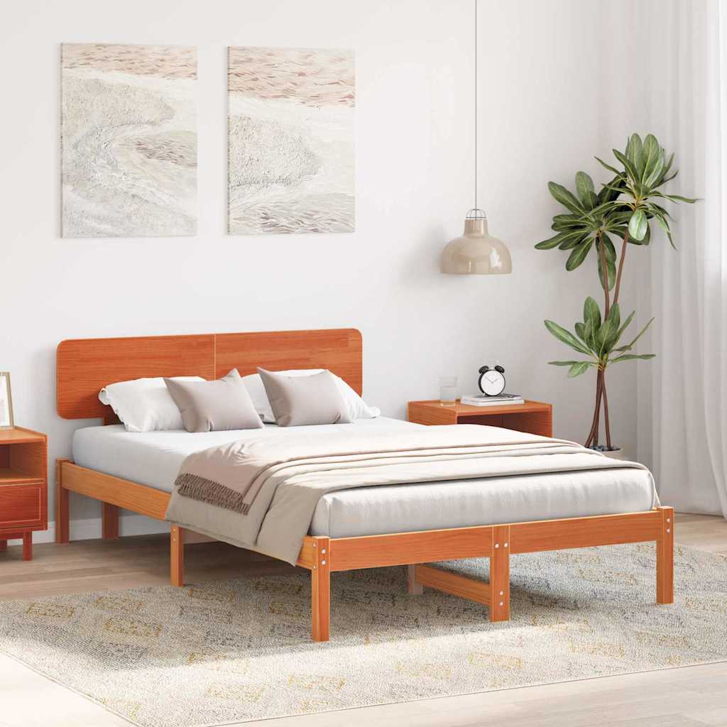 Bed Frame with Headboard Wax Brown 140 x 190 cm Solid Pine Wood