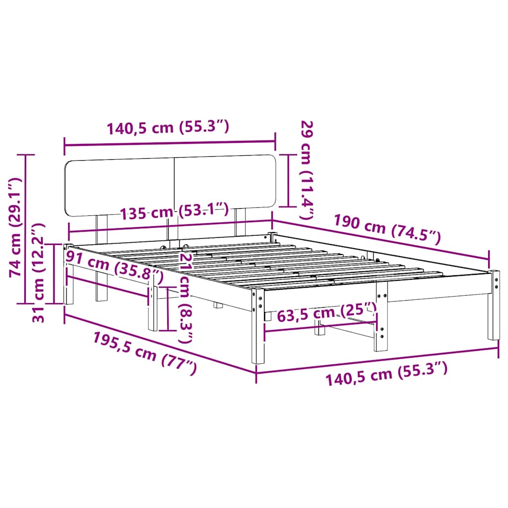 Bed Frame with Headboard White 135 x 190 cm Solid Pine Wood