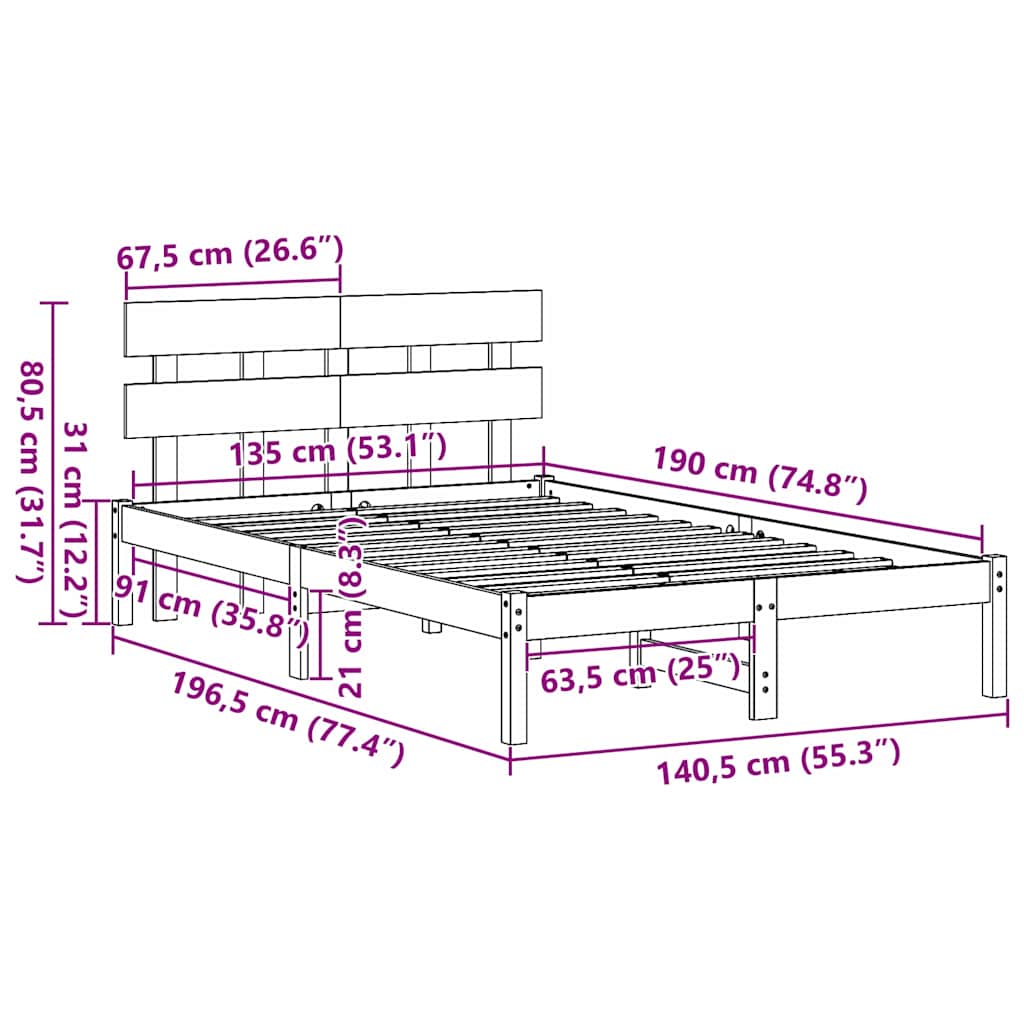 Bed Frame with Headboard White 135 x 190 cm Solid Pine wood
