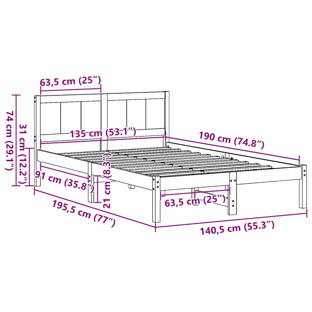 Bed Frame Brown 135 x 190 cm Solid Pine wood