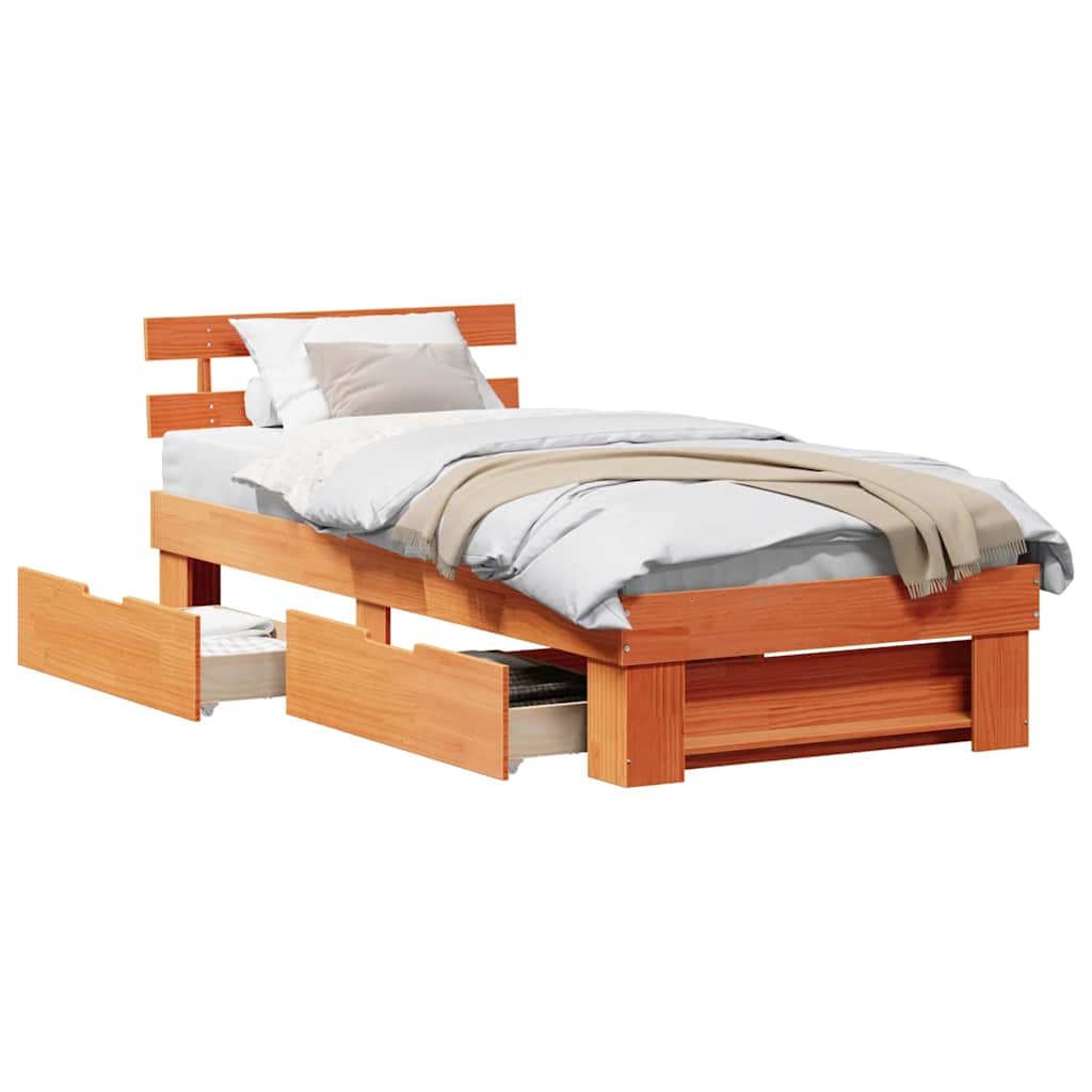 Bed Frame with Headboard Wax brown 90 x 200 cm Solid pine wood