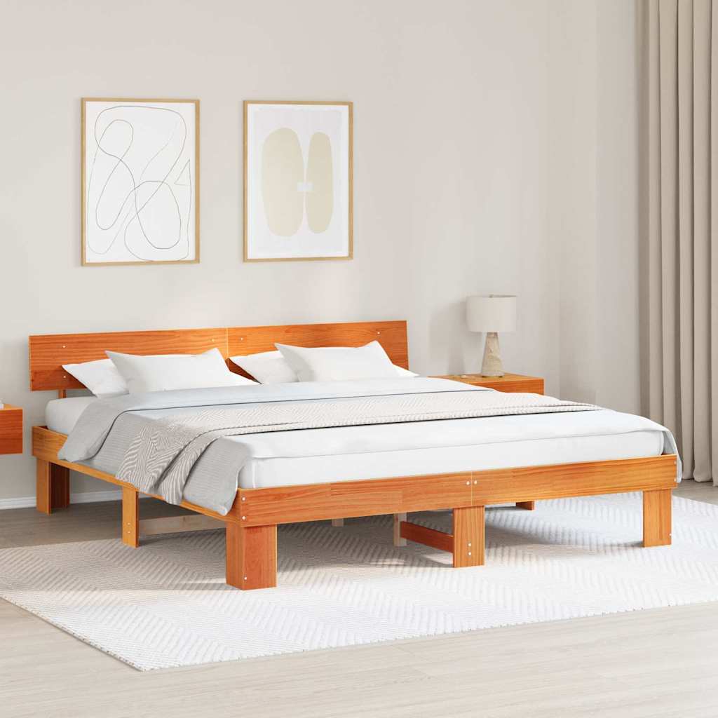 Bed Frame with Headboard Wax brown 180 x 200 cm Solid pine wood
