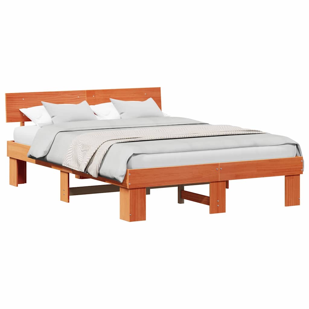 Bed Frame with Headboard Wax brown 140 x 200 cm Solid pine wood