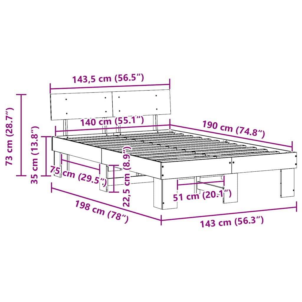 Bed Frame with Headboard White 140 x 190 cm Solid pine wood