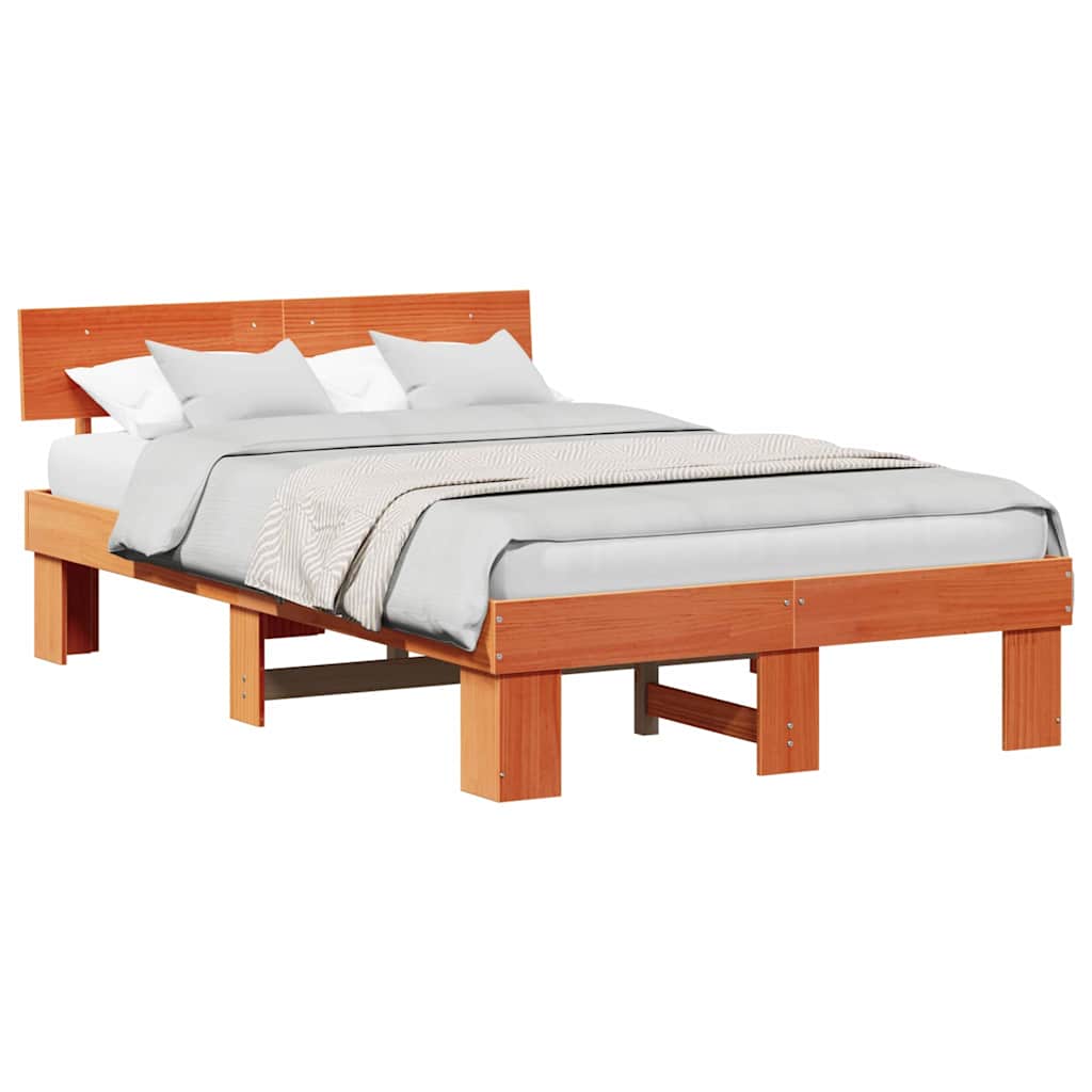 Bed Frame with Headboard Wax brown 135 x 190 cm Solid pine wood