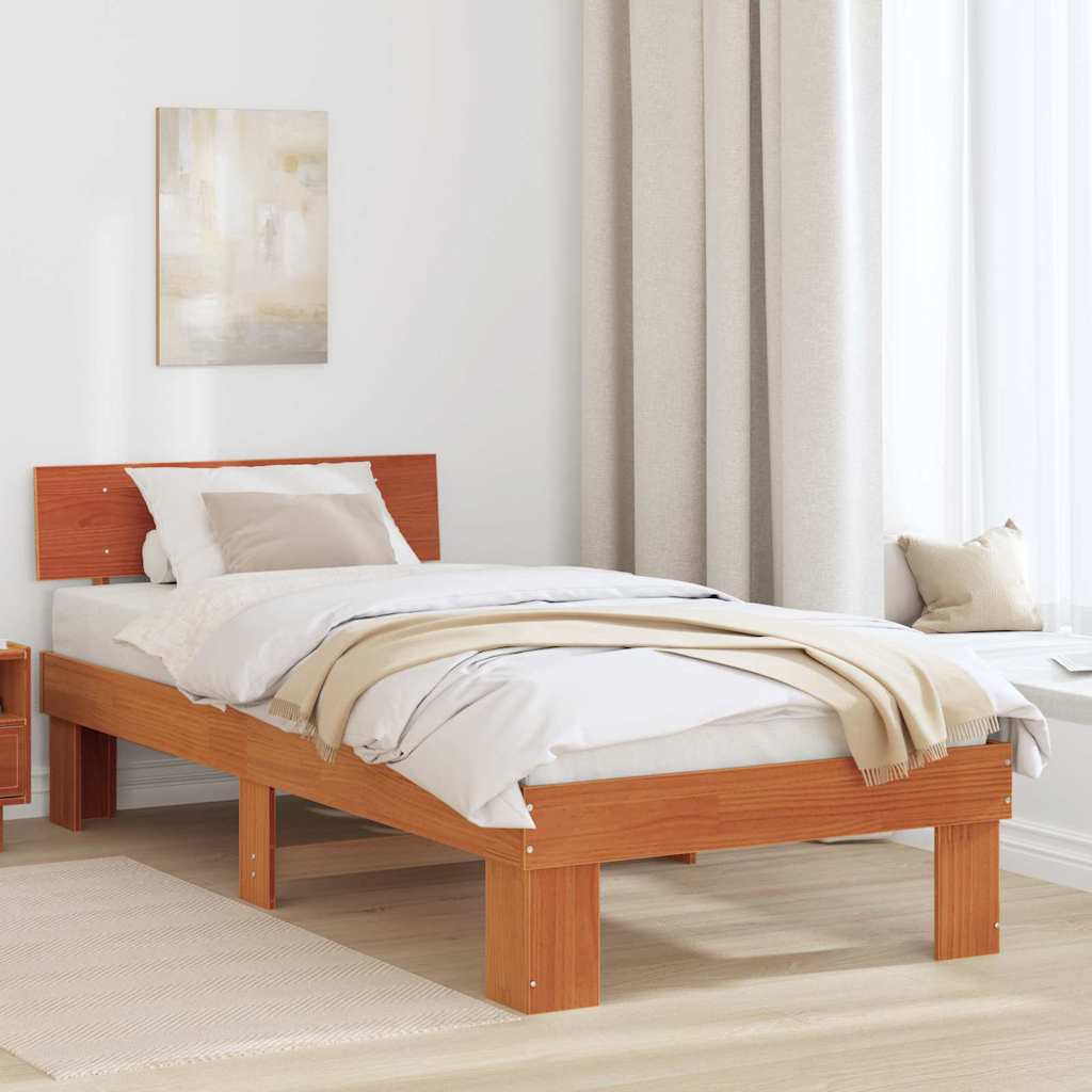 Bed Frame with Headboard Wax brown 75 x 190 cm Solid pine wood
