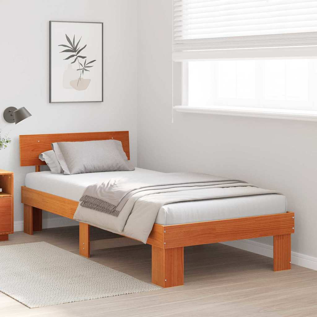 Bed Frame with Headboard Wax brown 75 x 190 cm Solid pine wood