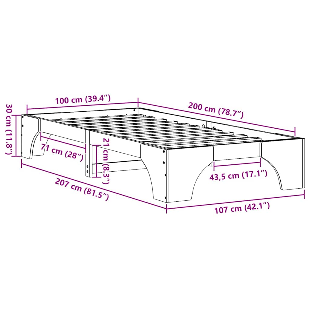 Bed Frame Wax brown 100 x 200 cm Solid pine wood