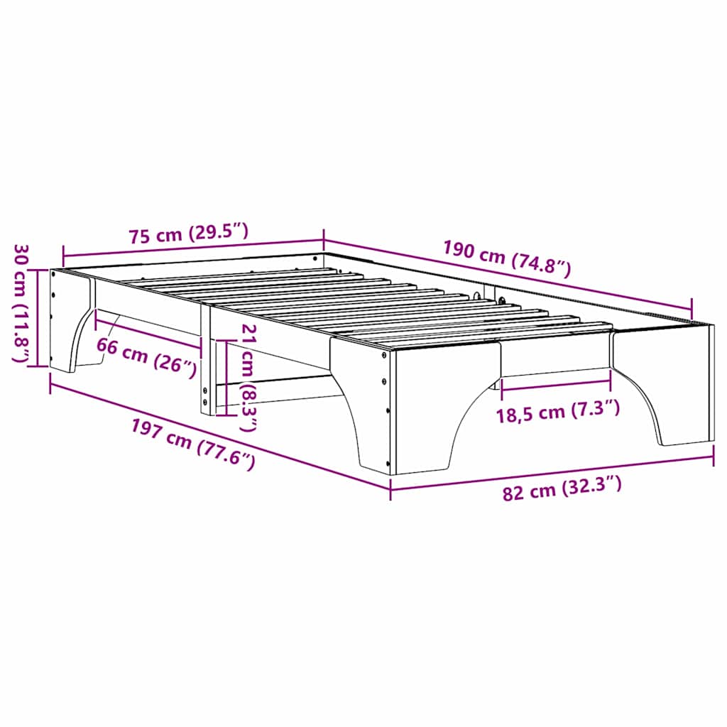 Bed Frame White 75 x 190 cm Solid pine wood