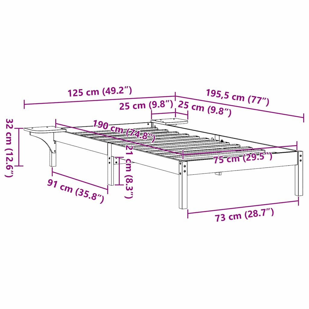 Bed Frame with Bedside Tables White 75 x 190 cm White