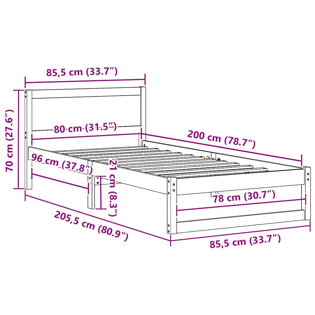 Bed Frame with Headboard White 80 x 200 cm Solid Pine wood