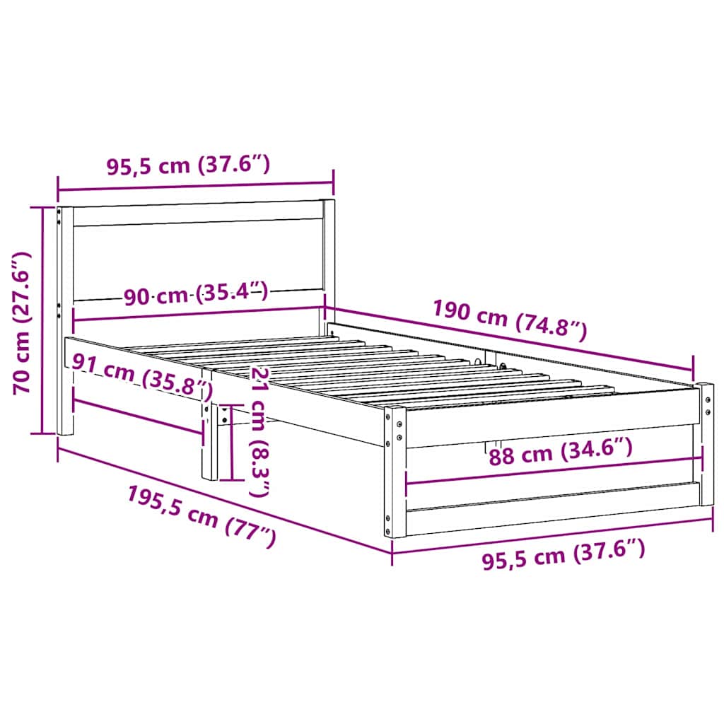 Bed Frame with Headboard White 90 x 190 cm Solid Pine wood
