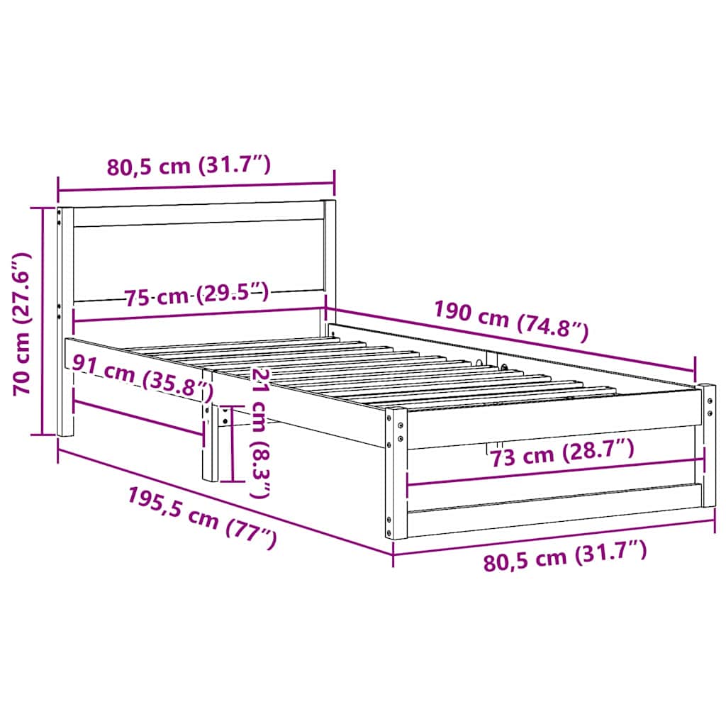 Bed Frame with Headboard White 75 x 190 cm Solid Pine wood