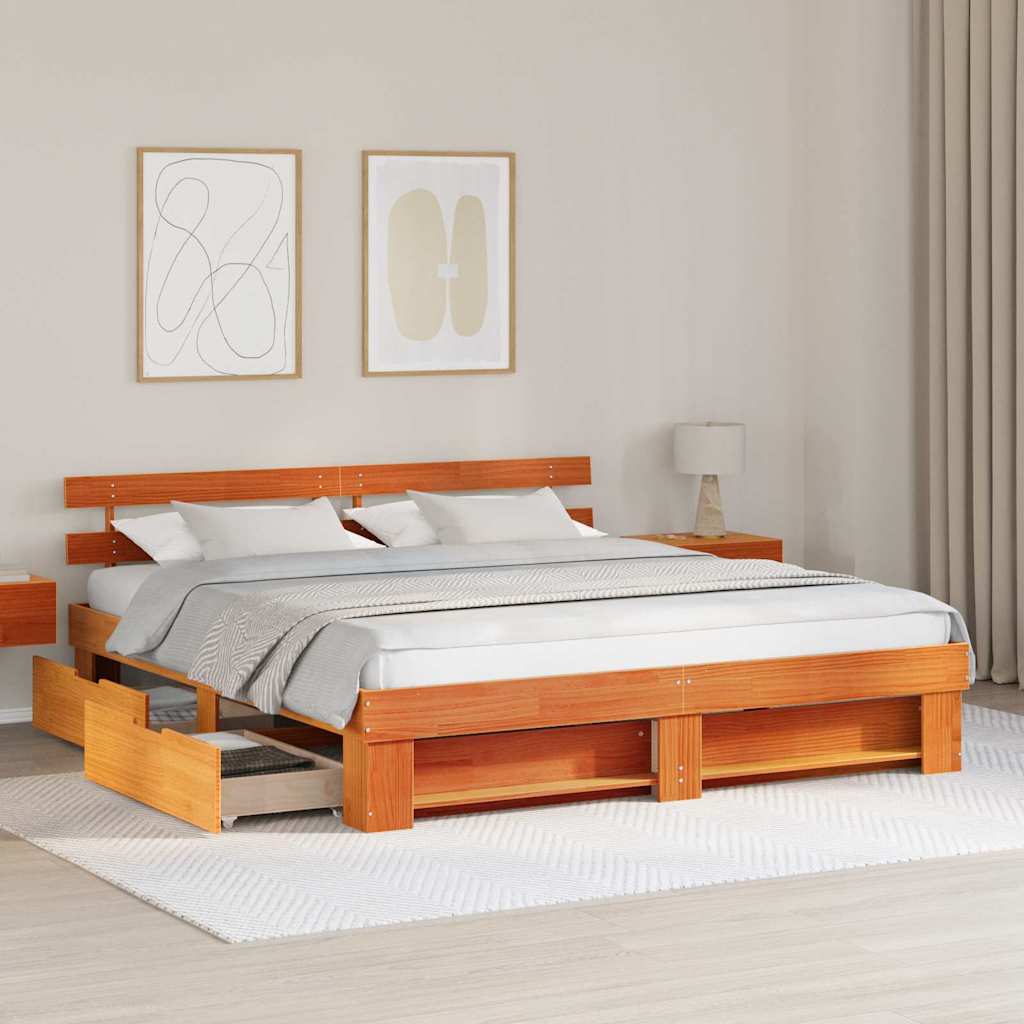 Bed Frame with Headboard Wax brown 200 x 200 cm Solid pine wood