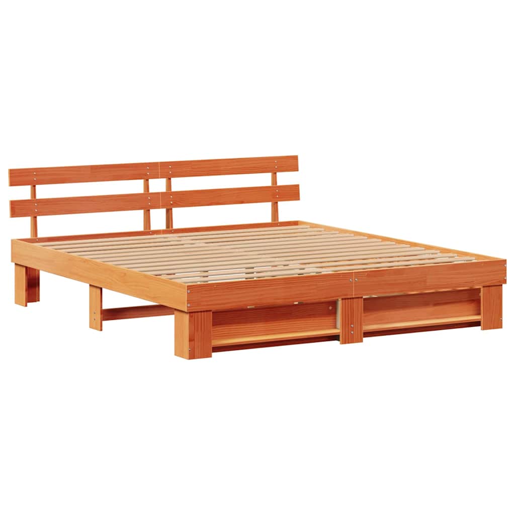 Bed Frame with Headboard Wax brown 200 x 200 cm Solid pine wood