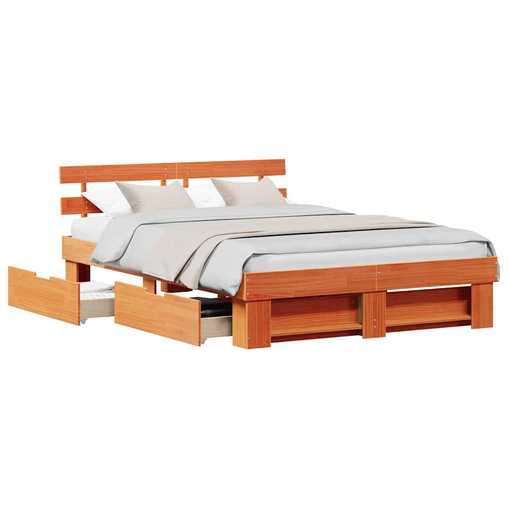 Bed Frame with Headboard Wax brown 160 x 200 cm Solid pine wood