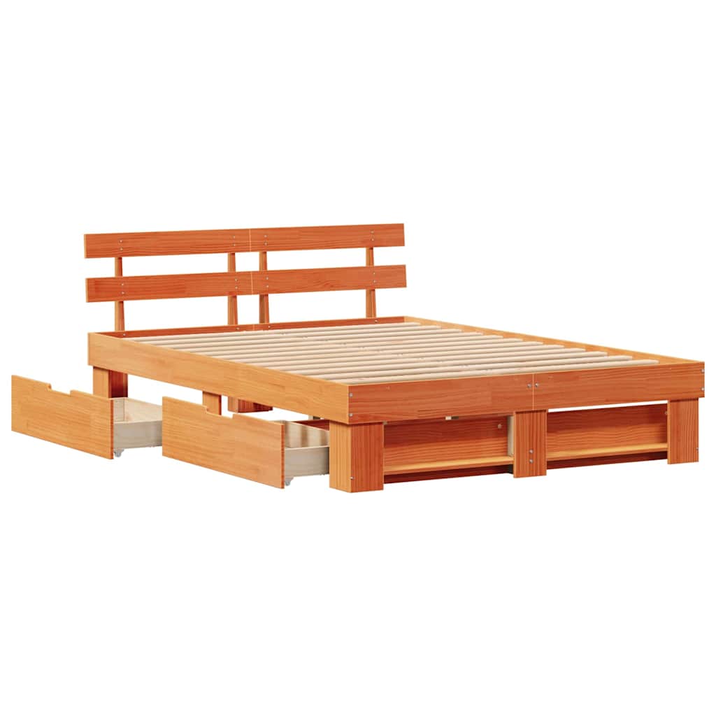 Bed Frame with Headboard Wax brown 150 x 200 cm Solid pine wood