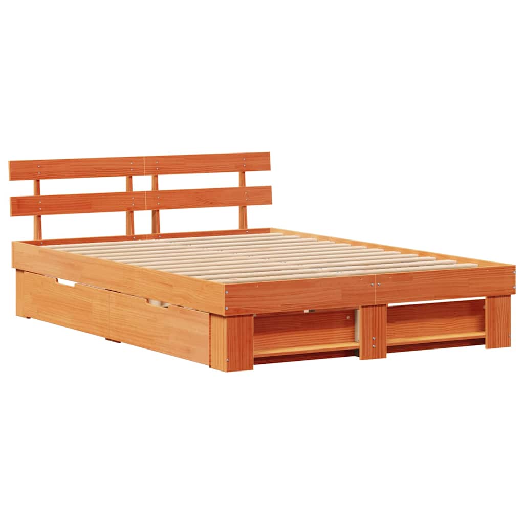 Bed Frame with Headboard Wax brown 140 x 200 cm Solid pine wood