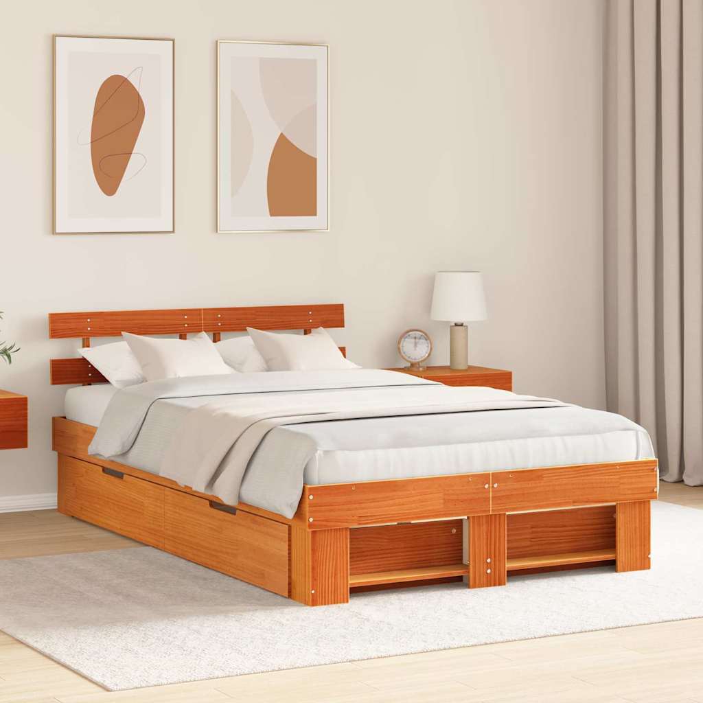 Bed Frame with Headboard Brown 135 x 190 cm Solid pine wood
