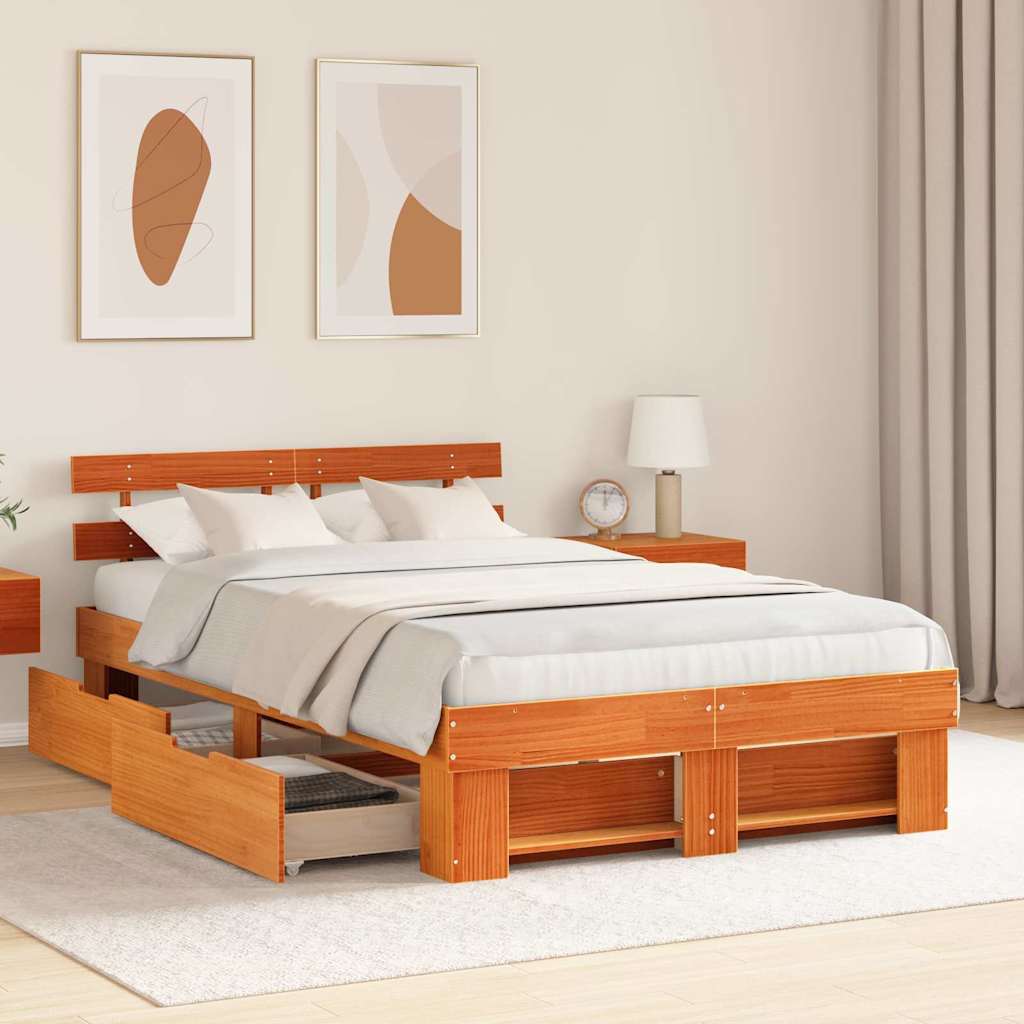 Bed Frame with Headboard Wax brown 120 x 190 cm Solid pine wood