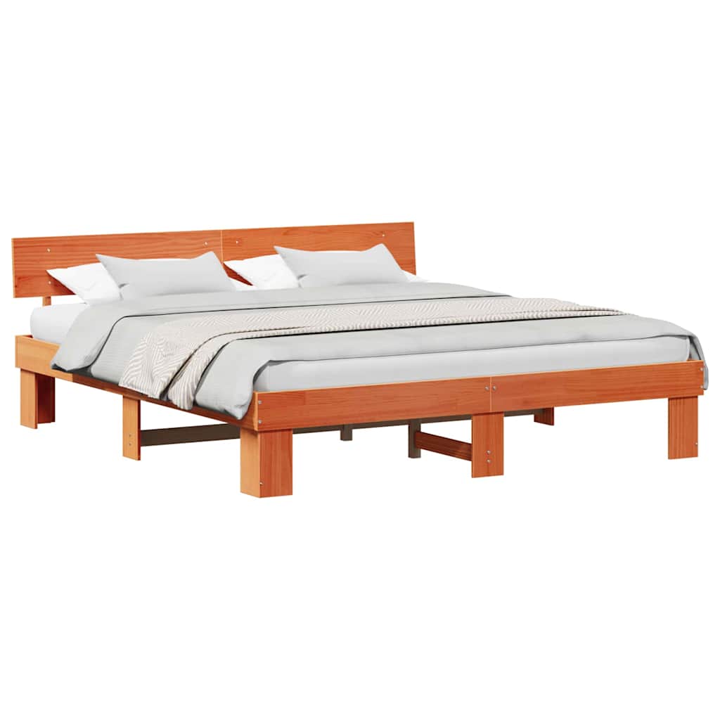 Bed Frame with Headboard Wax brown 200 x 200 cm Solid pine wood