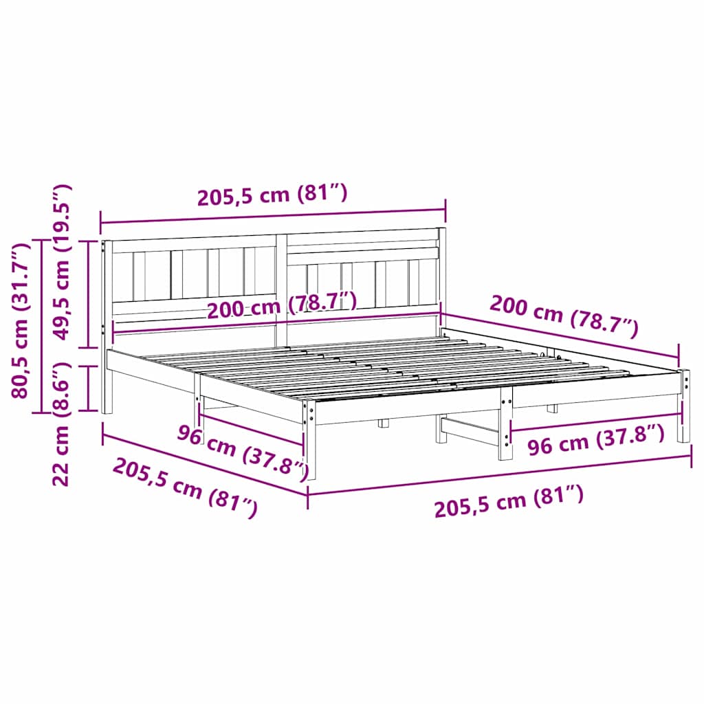 Bed Frame with Headboard White 200 x 200 cm Solid pine wood