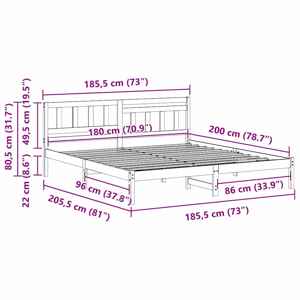Bed Frame with Headboard Wax brown 180 x 200 cm Solid pine wood