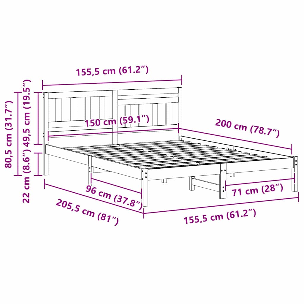 Bed Frame with Headboard Wax brown 150 x 200 cm Solid pine wood