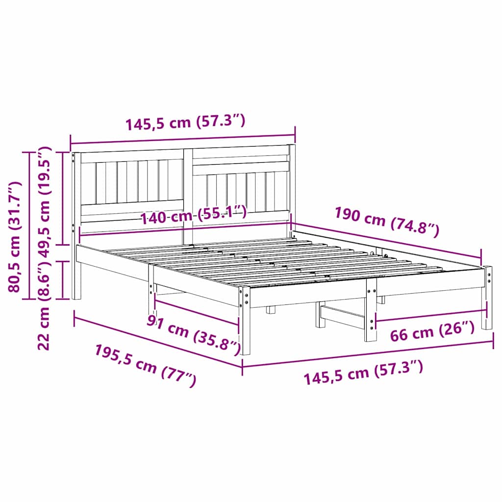 Bed Frame with Headboard Brown 140 x 190 cm Solid pine wood