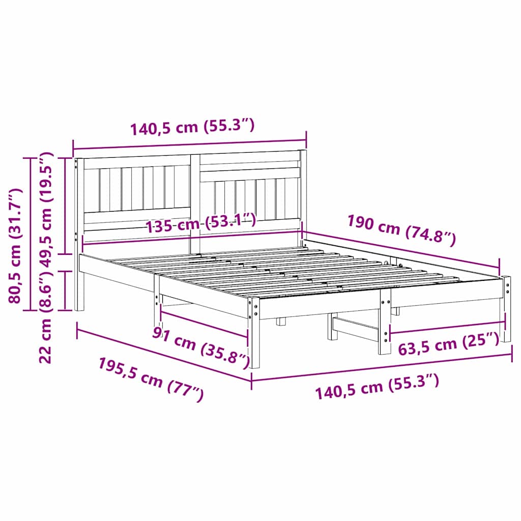 Bed Frame with Headboard Brown 135 x 190 cm Solid pine wood