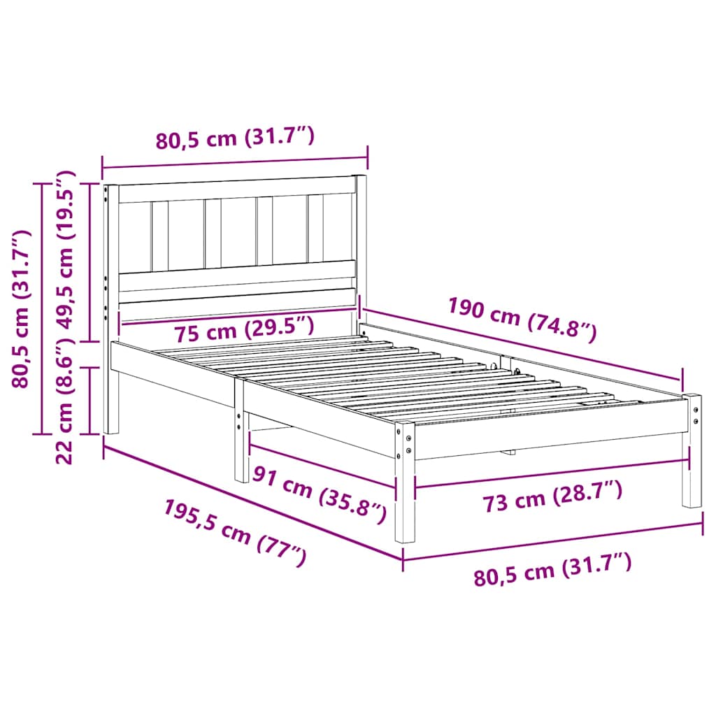 Bed Frame with Headboard Wax brown 75 x 190 cm Solid pine wood