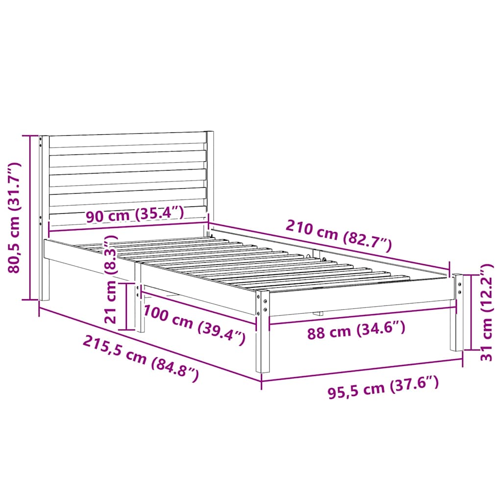 Bed Frame with Headboard Brown 90 x 210 cm Solid pine wood