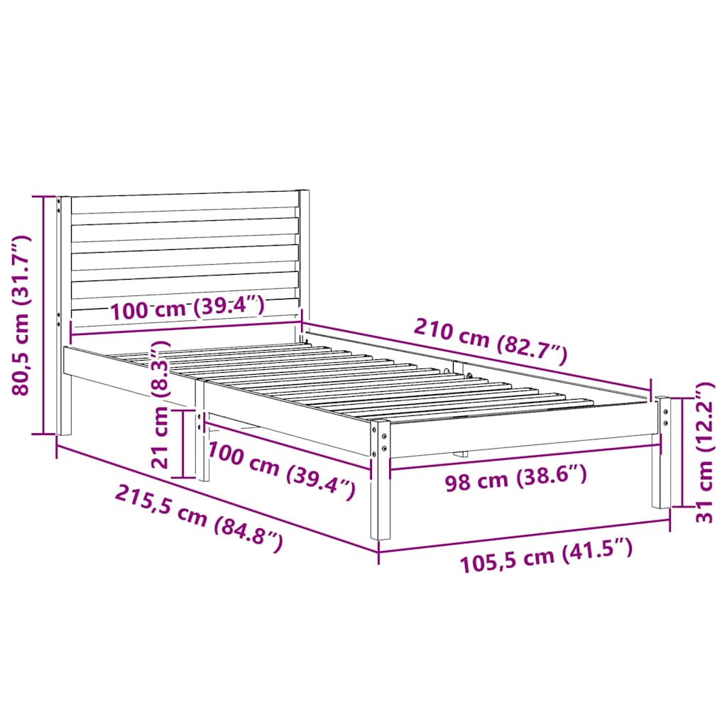 Bed Frame with Headboard Wax brown 100 x 210 cm Solid pine wood