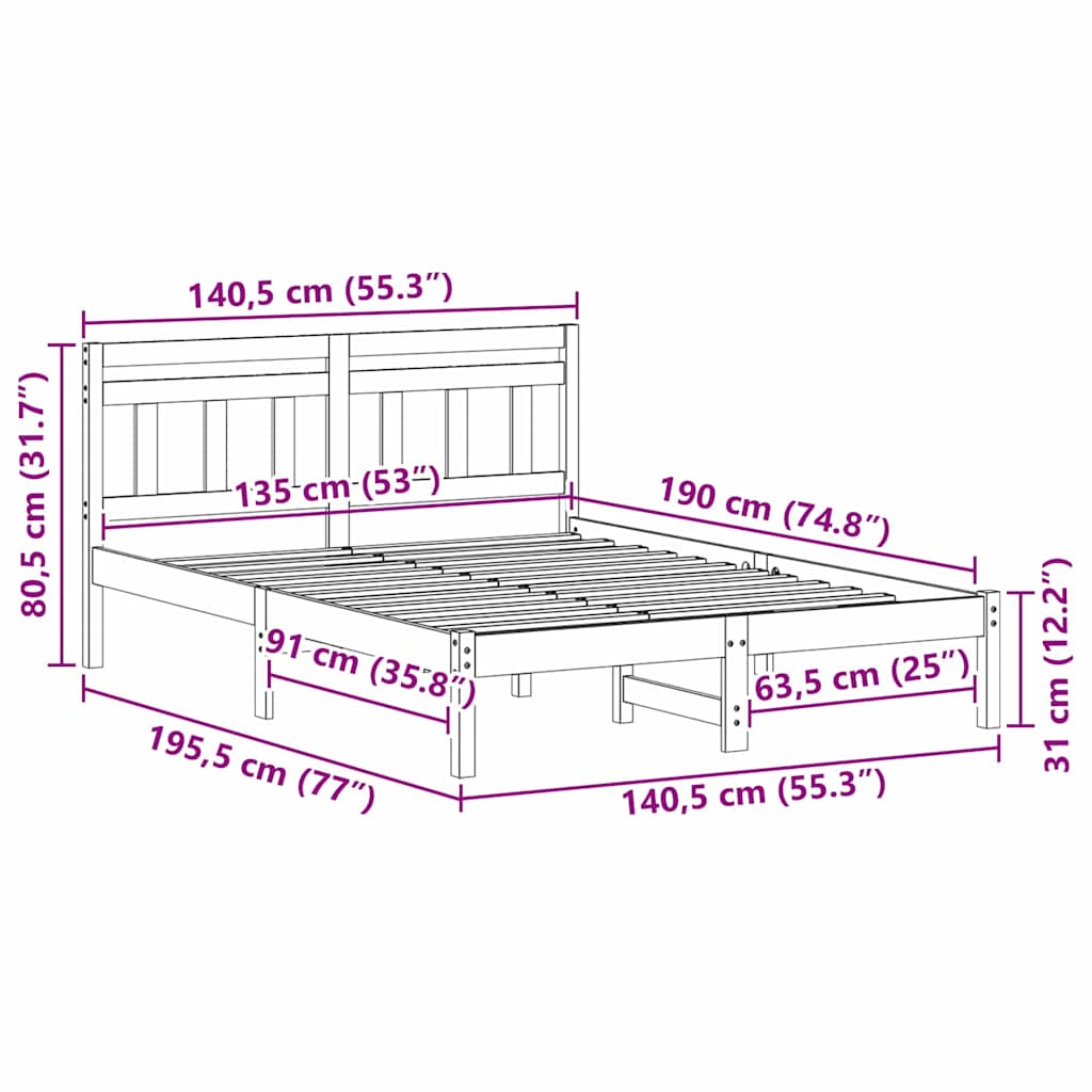 Bed Frame White Solid pine wood