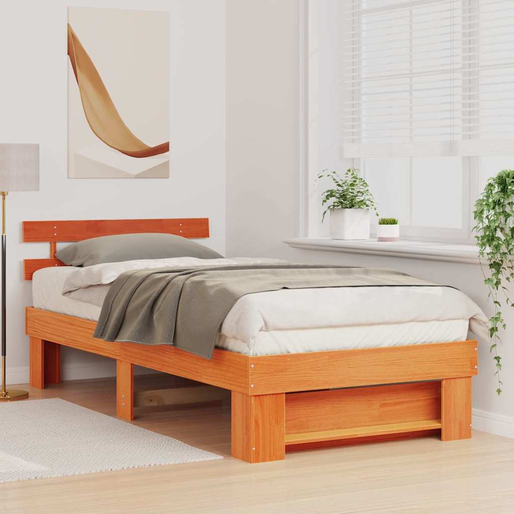 Bed Frame with Headboard Wax brown 90 x 190 cm Solid pine wood
