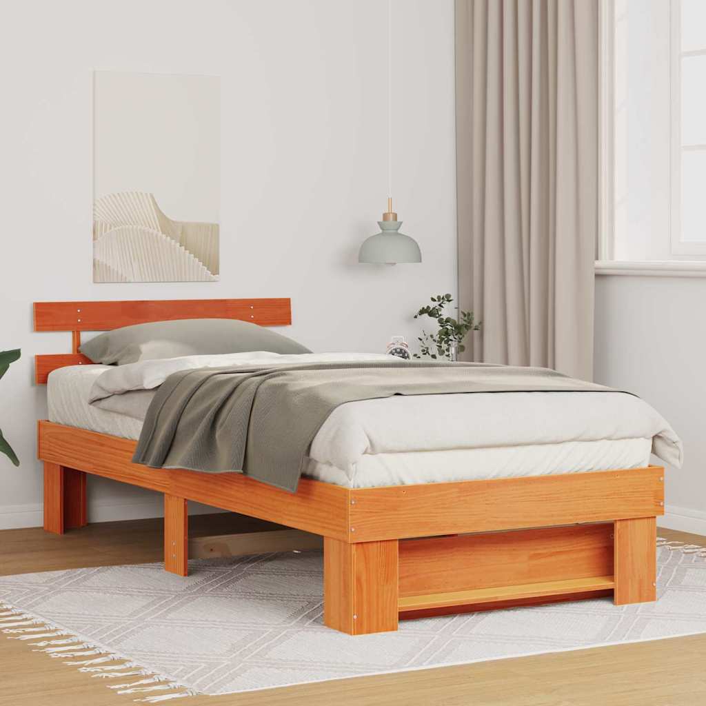 Bed Frame with Headboard Wax brown 75 x 190 cm Solid pine wood