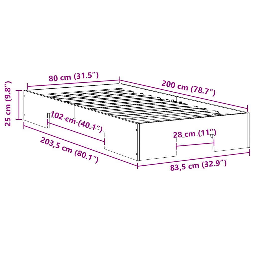 Floor Bed Frame with Storage Brown 80 x 200 cm Solid pine wood